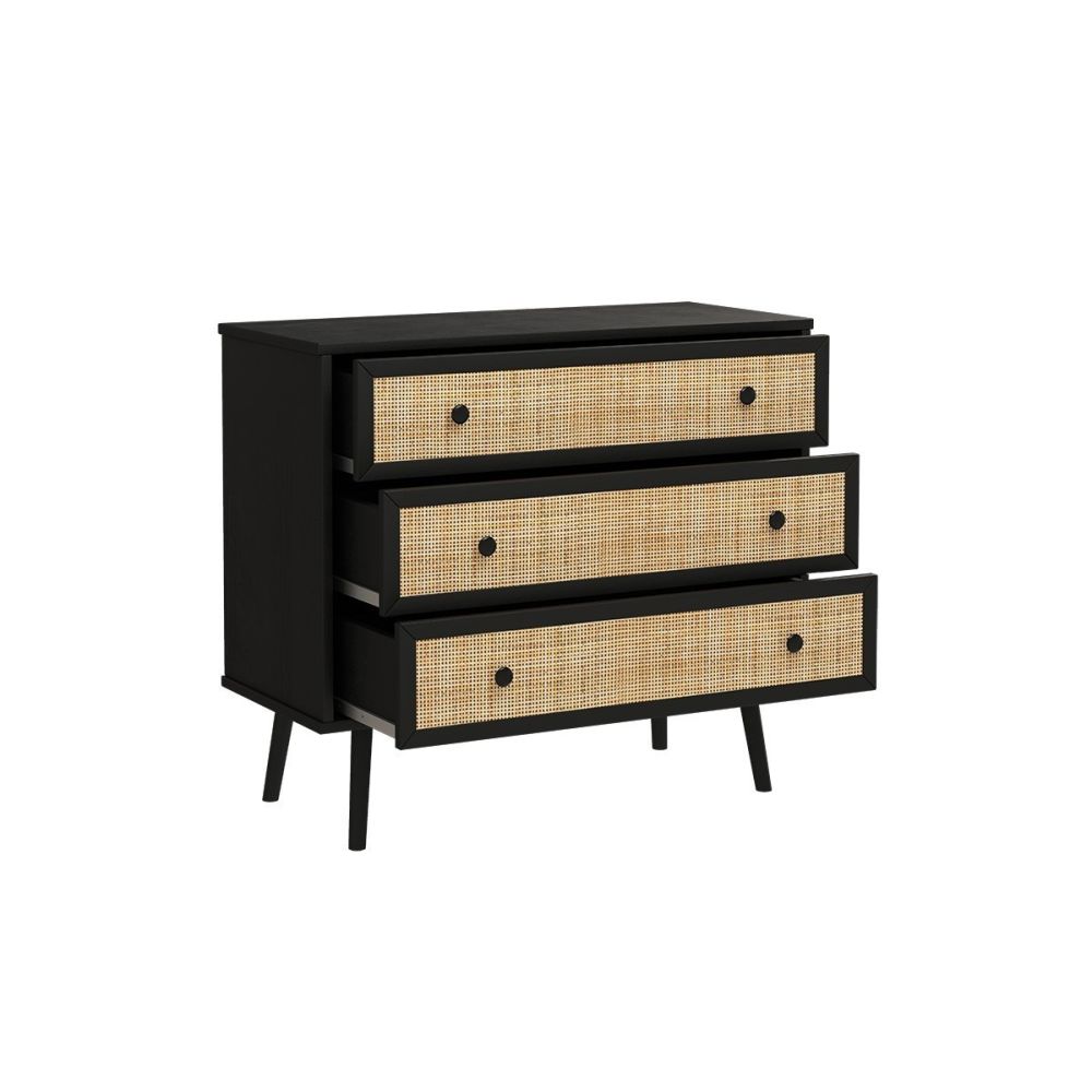 Cómoda de 3 Cajones con Patas de Madera - Negro y Natural - 90x39x79 cm - Mueble de Almacenamiento para Dormitorio