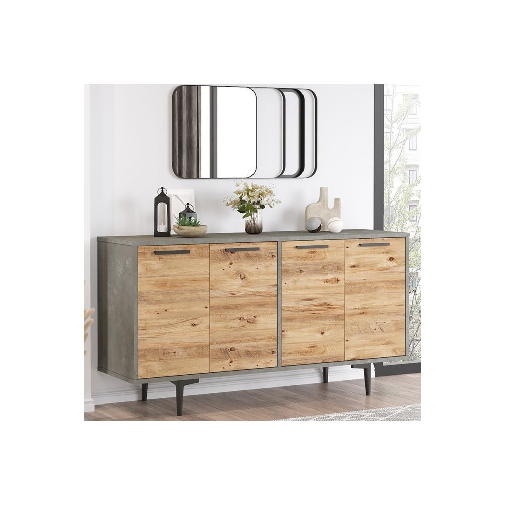 Aparador Moderno Color Cambria-Cemento con 4 Puertas - 130x40x70.6 cm - Amplio Almacenamiento para Salón o Comedor.