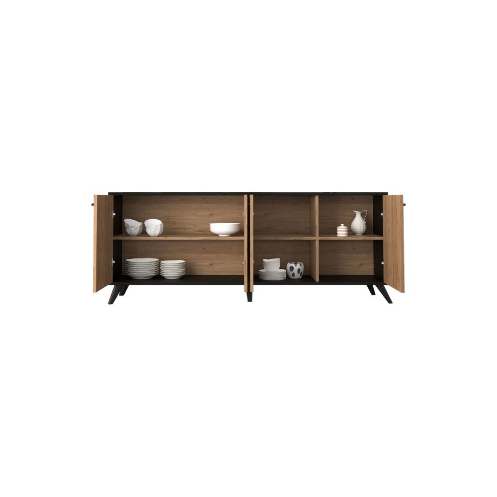 Buffet con 4 Puertas y Patas de Madera en Melamina Roble