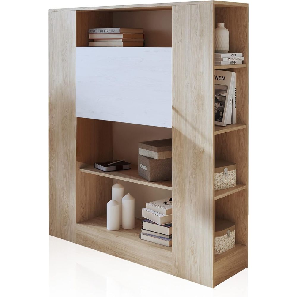 Estantería con Escritorio, Mesa de Ordenador, Acabado en Cambrian y Blanco, Medidas: 119,6 cm (Largo) x 139,6 cm (Alto) x 34,