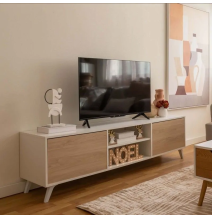 Mueble de TV de Diseño Nórdico, 2 Estantes y 2 Puertas, Cambria - Blanco, 49cm (Al)x 180cm (Anc) x 40cm (Fon)
