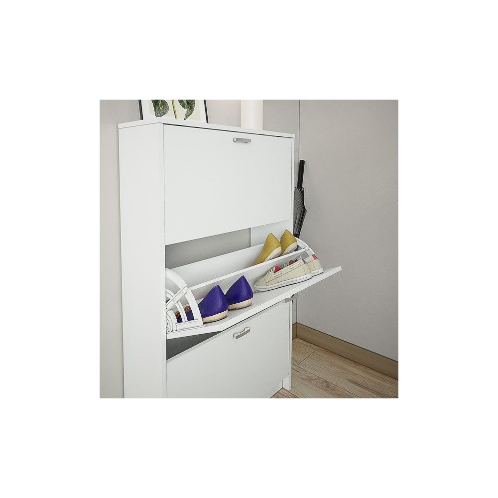 Zapatero Compacto Blanco – Mueble con 3 Puertas y Doble Profundidad | MDF con Acabado Melamina | 70 x 25 x 120 cm