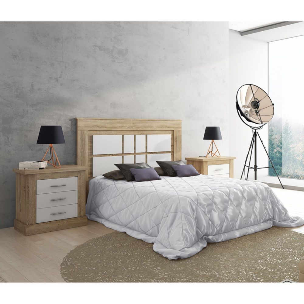 Pack de Dormitorio con Cabecero de 160 x 120 cm + 2 Mesitas de Noche + Cómoda | Color Cambria y Blanco