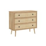 Cómoda de 3 Cajones con Patas de Madera - Color Natural - 90x39x79 cm - Mueble de Almacenamiento para Dormitorio